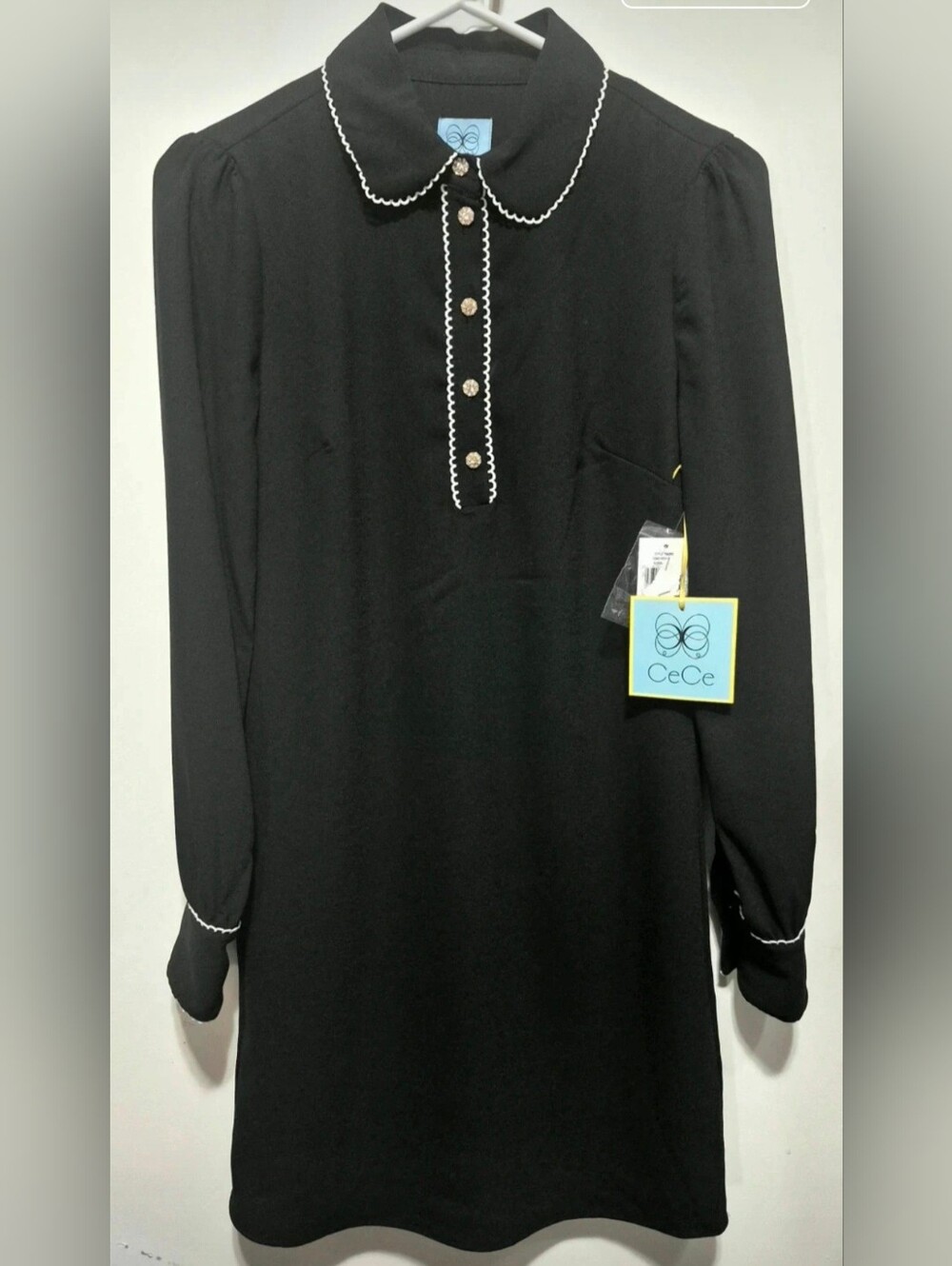 CeCe Black Long-Sleeve Peter Pan Collar Dress with White Trim